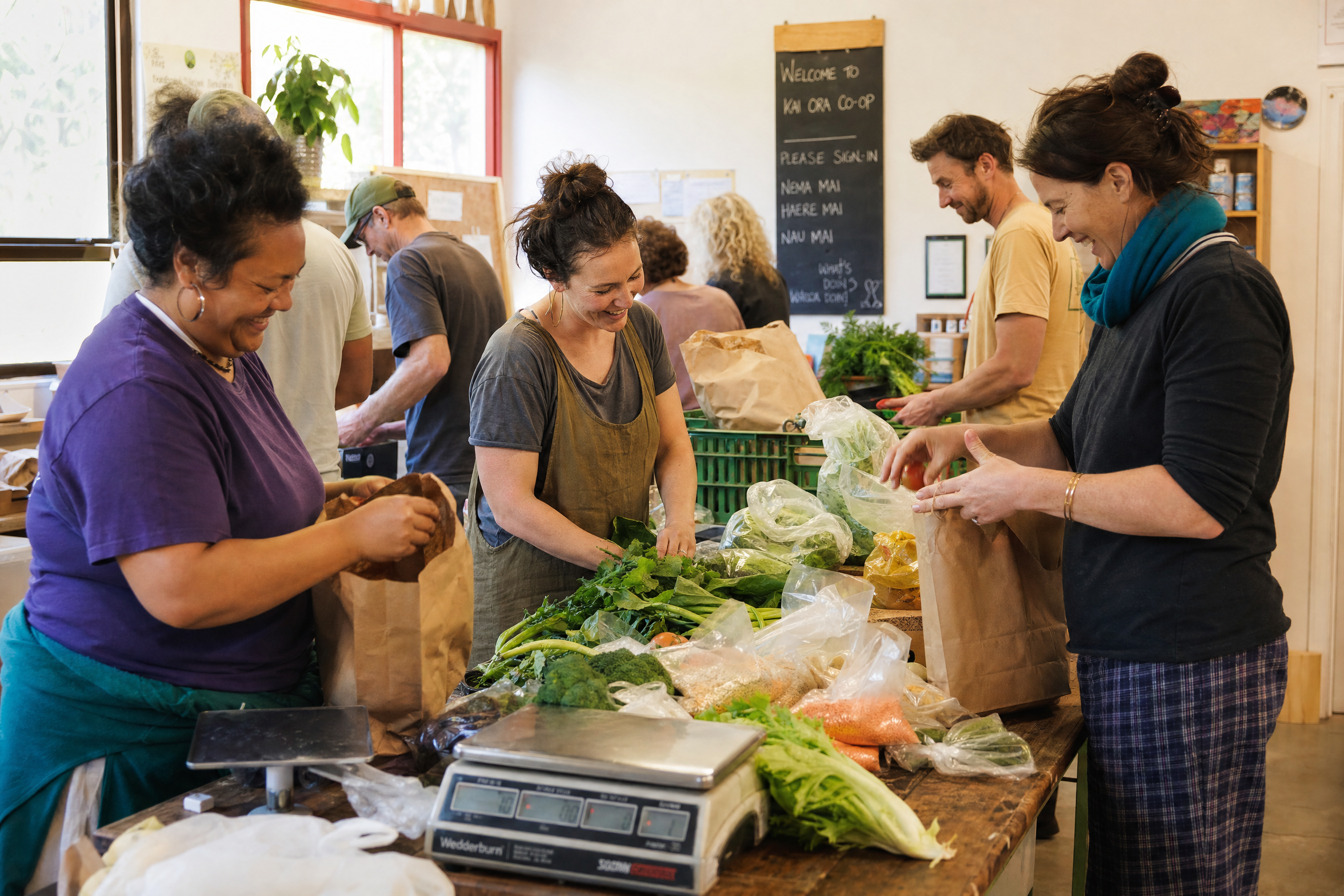 A group of co-op members working together around a table