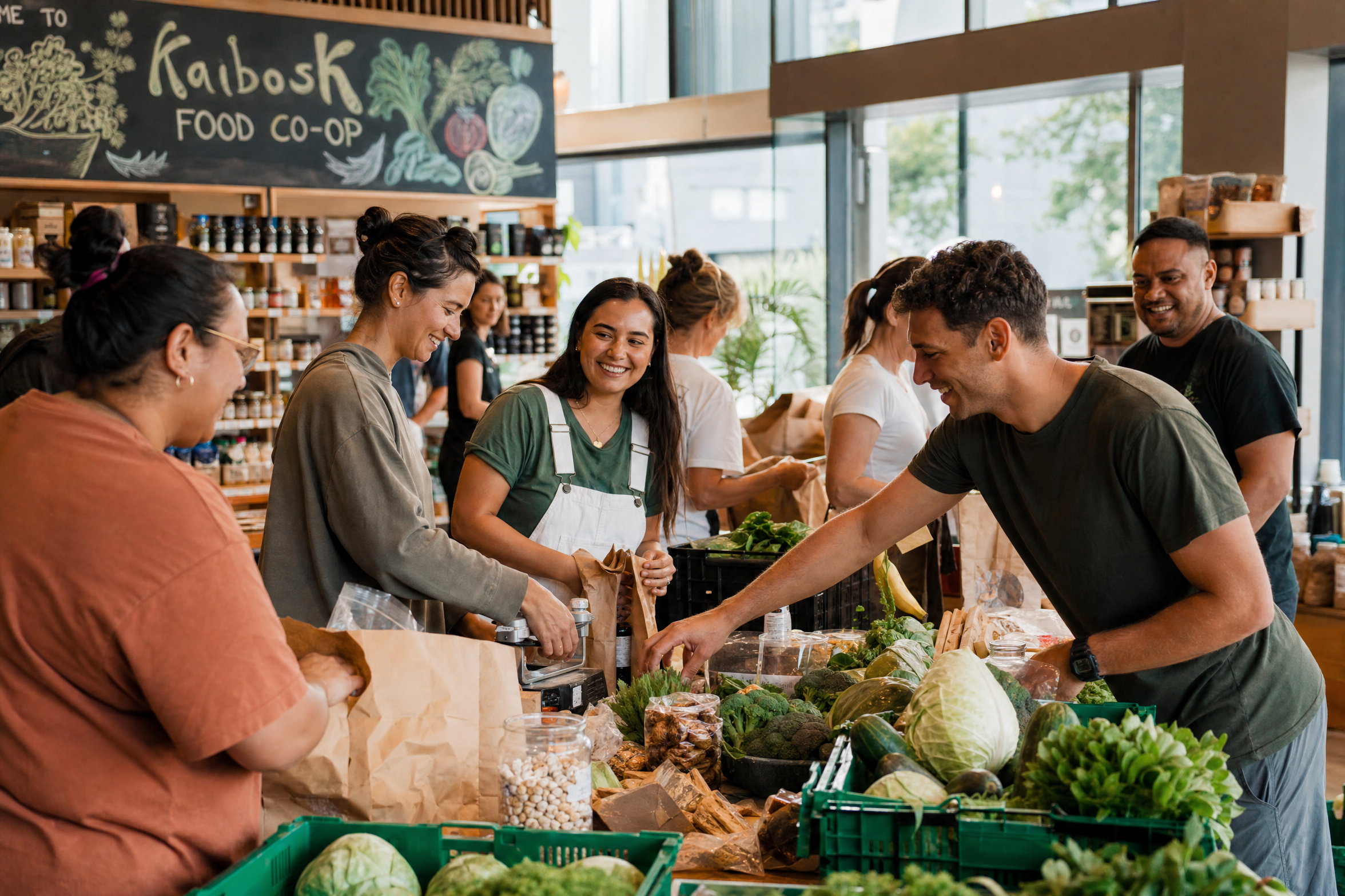 Members working together at a food co-op packing table